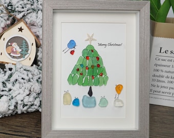 Imagen de árbol de Navidad de vidrio marino: arte de pared enmarcado a mano