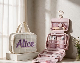 Personalized Quilted Hanging Makeup Bag,Letter Cosmetic Organizer, Monogram Cosmetic Pouch,Bridal Shower Gift