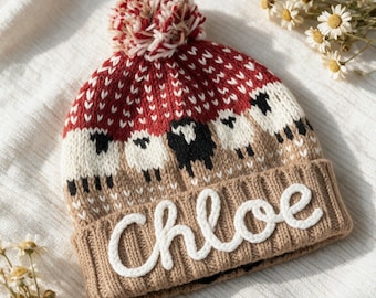 Handmade Sheep Knit Beanie | Custom Name Wool Beanie | Personalized Sheep Hat | Cute Knitted Winter Hat Gift