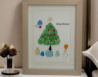 Árbol de Navidad de vidrio marino hecho a mano: Decoración costera enmarcada