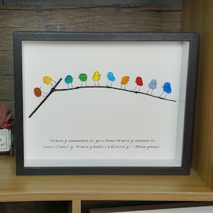 Handmade Sea Glass Rainbow Birds with Family Quotes, Framed Sea Glass Artwork, Sea Glass Birds on Branch Decor, Lovers,Friend Birthday Gifts