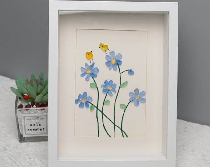 Sea Glass Art: Forget Me Not Flower & Birds Framed Wall Decor