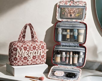 Personalized Boho Floral Hanging Toiletry Bag, Custom Name Makeup Pouch, Handmade Travel Cosmetic Organizer, Bridesmaid Gift for Her