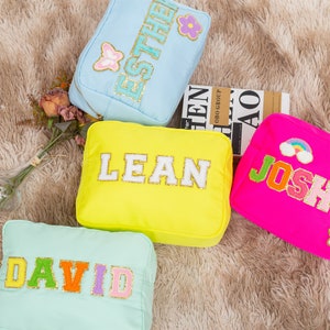 Personalized Cosmetic Bag for Teen Girls,X-Large Nylon Pouch with with Chenille Patches,Sewn Makeup Bag,Summer Travel Cases,Toiletry Bags