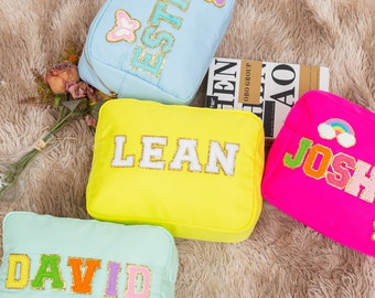 Personalized Nylon Cosmetic Bag: Chenille Letter Patch, Travel Toiletry Pouch