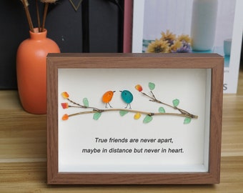 Personalized Sea Glass Art: Rainbow Birds on Branch, Framed Wall Art