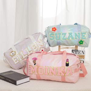 Personalisierte wasserfeste Duffle Dance Bag mit Chenille Patch Reisetasche, individuelle Weekender-Tasche für Kinder, Reisetasche für Mädchen, Sport-Turntasche