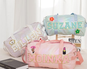 Bolsa de lona personalizada: bolsa de viaje de fin de semana con parche de chenilla cosido