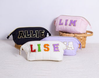 Personalized Puffer Cosmetic Bag: Sewn Chenille Letter Patch, Waterproof Toiletry Bag