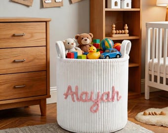 Custom Name Corduroy Basket, Handmade Yarn Letter Laundry Hamper,Toy Basket,Nursery Organizer or Pet Toy Bin
