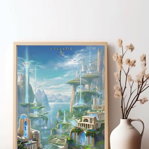 Póster enrollado de Atlántida, arte mural de fantasía, decoración del hogar, impresión de ciudad submarina, arte náutico, decoración con temática oceánica, decoración de fantasía de ciudad perdida