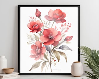 Stunning Red Floral Watercolor Painting - High-Quality Digital Download for Instant Printable Wall Art - Beautiful Flower Decor for Home