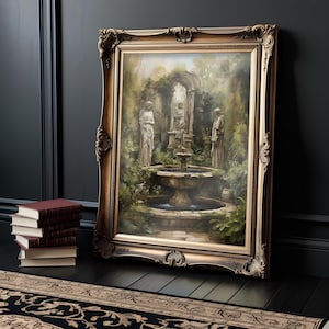 Ruined Fountain Dark Academia Art - Watercolor Oil Painting Print, Moody Gothic Digital Download for Rustic and Vintage Decor