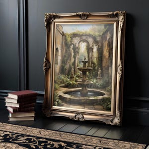 Ruined Fountain Dark Academia Art - Watercolor Oil Painting Print, Moody Gothic Digital Download for Rustic and Vintage Decor