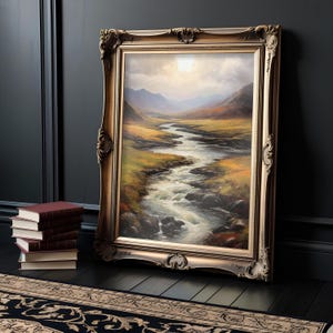 Winding River Art - Scenic River Through Valley with Mountains, Tranquil Landscape Digital Download for Nature-Inspired Home Decor
