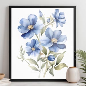Stupendo dipinto ad acquerello floreale blu - Download digitale di alta qualità per stampe artistiche da parete istantanee - Bellissimo decoro floreale per la casa
