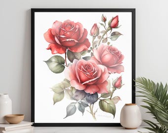 Stunning Red Roses Watercolor Painting - High-Quality Digital Download for Instant Printable Wall Art - Beautiful Flower Decor for Home