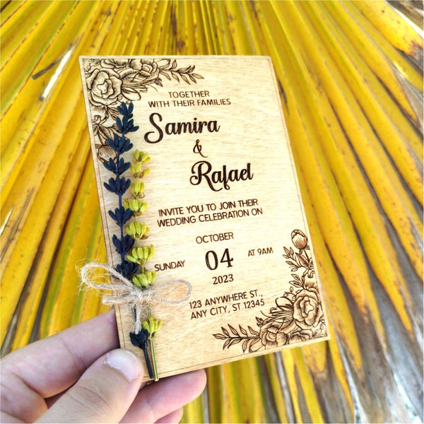 Wooden Rustic Wedding Invitation with Wax Sealed Kraft Envelope, Personalized Unique Retro Invitation Set, Floral Invitations