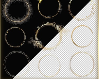 Può includere: Set di 10 cornici circolari dorate con effetti glitter e scintillio. Le cornici sono su uno sfondo a scacchi bianco e nero. Il testo "Minimalist Golden Circle" e "Malinas Magic Colors" è nella parte inferiore dell'immagine.
