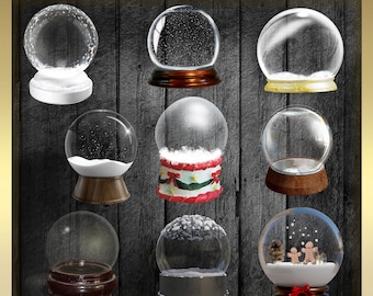 May include: Nine different Christmas snow globes with various designs. Some snow globes have a white base, others have a brown base, and one has a red and green base. Some snow globes have snow inside, while others have a winter scene with snowmen and gingerbread people.