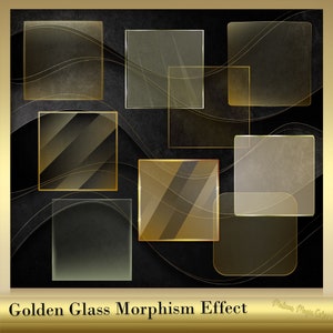 Peut inclure: Une collection de neuf carrés en verre doré sur un fond noir avec un motif de vague subtil. Les carrés sont disposés en quinconce, créant une impression de profondeur et de dimension. L'image est intitulée "Golden Glass Morphism Effect".