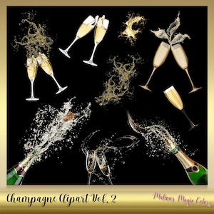 May include: A set of digital clipart images featuring champagne bottles, glasses, and splashes of champagne. The images are perfect for adding a festive touch to your designs.