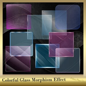 Peut inclure: Une composition abstraite avec des carrés de verre colorés superposés dans des tons de violet, de bleu et de sarcelle, sur un fond noir texturé. L'image comprend le texte "Colorful Glass Morphism Effect".