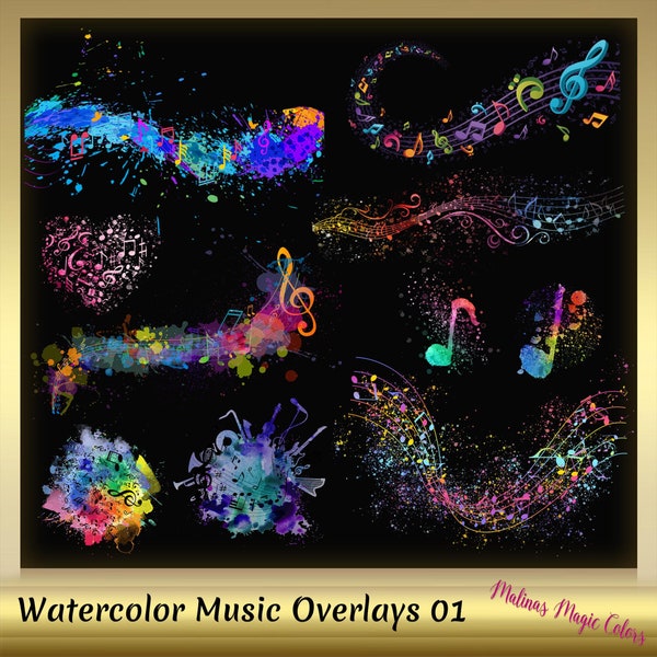 10 Watercolor Music Overlays  - Music Note clip art - colorful musical notes - musical symbols -  digital Instant Download - PNG Files