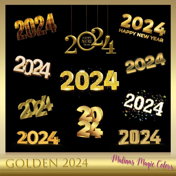 Golden 2024 Text Effect - Happy New Year 2024 Clipart - New Year Overlays - golden numbers 2024 - Year 2024 - Instant Download - png