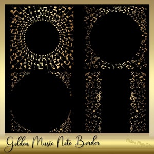 Könnte beinhalten: Vier digitale Rahmen mit goldenen Notenrand. Die Rahmen befinden sich auf einem schwarzen Hintergrund. Der Text "Golden Music Note Border" befindet sich am unteren Rand des Bildes.