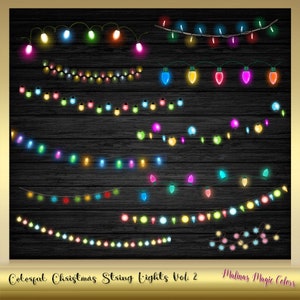 May include: A collection of colorful Christmas string lights in various arrangements. The lights are in shades of red, green, blue, yellow, and pink. The text "Colorful Christmas String Lights Vol. 2" is at the bottom.