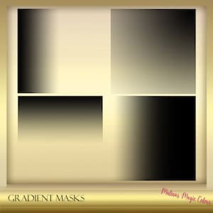 Könnte beinhalten: Vier Farbverlaufsmasken mit goldfarbenem Hintergrund. Die Masken sind in einem Raster angeordnet, wobei die Maske oben links hellbeige, die Maske oben rechts dunkelgrau, die Maske unten links dunkelbraun und die Maske unten rechts ein schwarzer Farbverlauf ist. Der Text "GRADIENT MASKS" befindet sich unten links im Bild, und der Text "Malinas Magic Colors" befindet sich unten rechts im Bild.