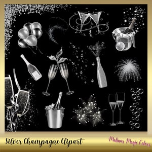May include: Silver champagne clipart set with a champagne bottle, glasses, a bucket of ice, balloons, and sparkling effects.  The clipart is perfect for creating invitations, cards, and other festive designs.