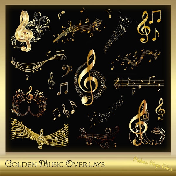 20 Golden Music Overlays  - Music Note clip art - golden musical notes - musical symbols -  digital Instant Download - PNG Files