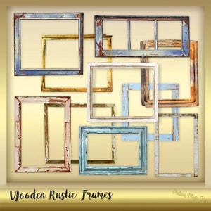 May include: A set of seven rustic wooden picture frames in various sizes and colours, including blue, brown, white, and yellow. The frames have a distressed, weathered look, giving them a vintage feel.  Wooden Rustic Frames.