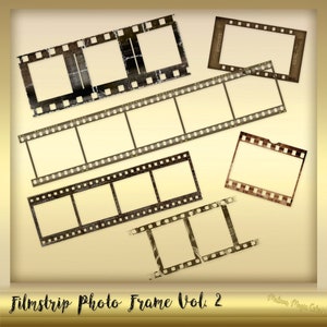 Puede incluir: Un conjunto de seis marcos de fotos de estilo vintage en forma de película. Los marcos son de diferentes tamaños y tienen un aspecto desgastado y envejecido. Los marcos son perfectos para agregar un toque retro a tus fotos.