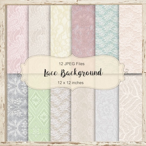 Op de afbeelding: Twaalf digitale papierachtergronden met verschillende kantpatronen in verschillende pastelkleuren. Elke achtergrond is 12 x 12 inch.