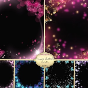 Könnte beinhalten: Zehn digitale Bilder von leuchtenden Schmetterlingsrändern mit funkelnden Lichtern und schwarzem Hintergrund. Die Bilder sind mit "Magical Butterfly Border" betitelt.