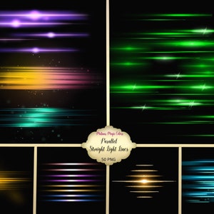 Puede incluir: Un conjunto de 50 gráficos digitales que presentan líneas rectas paralelas de luz en varios colores, incluidos morado, verde, amarillo, azul y blanco. Los gráficos son perfectos para agregar un toque de brillo y energía a tus diseños.