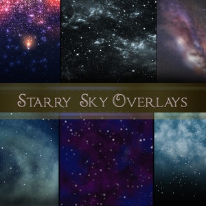 May include: Six different starry sky overlays with various shades of blue, purple, and white. The overlays feature different constellations and nebulae.