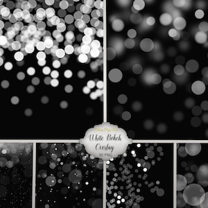 Puede incluir: Un conjunto de 30 superposiciones de bokeh blanco para proyectos de diseño digital. Las superposiciones están en formato PNG y presentan luces bokeh blancas de diferentes tamaños y densidades sobre un fondo negro.