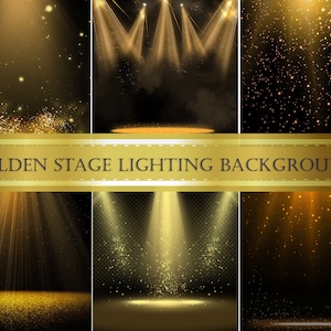 Könnte beinhalten: Sechs verschiedene goldene Bühnenbeleuchtungshintergründe mit verschiedenen Lichteffekten und Glitzer. Der Text "GOLDEN STAGE LIGHTING BACKGROUND" wird in der Mitte des Bildes angezeigt.
