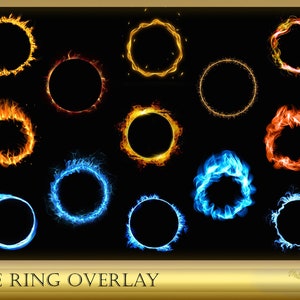 May include: A set of 16 fire ring overlays in various colors and styles. The rings are transparent and can be used to add a fiery effect to photos or videos.  The overlays are perfect for adding a touch of magic or danger to your creative projects.
