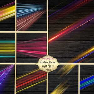 Puede incluir: Un conjunto de 17 gráficos digitales que presentan efectos de luz lineal en movimiento en varios colores sobre un fondo de madera oscura. Los gráficos son perfectos para agregar un toque dinámico y moderno a tus diseños.