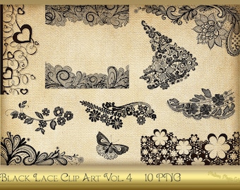 Black Lace Clip Art Vol. 4 - Black Lace clipart - Black Lace Overlays - High resolution png - Gothic Lace - instant download