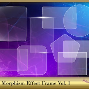 May include: A digital illustration of a purple and blue background with multiple glass frames in various shapes, including squares, rectangles, circles, and a pentagon. The text "Glass Morphism Effect, Frame Vol. 1" is at the bottom of the image.