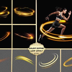 May include: A set of 30 golden dynamic light effect PNG images. The images feature glowing circles, lines, and swirls in various shapes and sizes. The images are ideal for adding a touch of magic and energy to your designs.