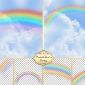 Op de afbeelding: Een set van 20 digitale regenboog-overlays voor gebruik in fotobewerking. De overlays tonen realistische regenbogen met verschillende hoeken en maten. De regenbogen zijn geplaatst tegen een blauwe lucht met witte wolken.