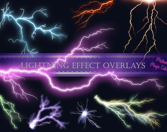 May include: A set of digital lightning effect overlays in various colors, including blue, purple, orange, yellow, and green. The overlays are perfect for adding a dramatic and dynamic effect to your designs.