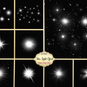 Puede incluir: Un conjunto de 35 imágenes PNG que presentan varios efectos de luz de estrellas. Las imágenes están sobre un fondo negro y muestran diferentes tamaños y formas de estrellas.